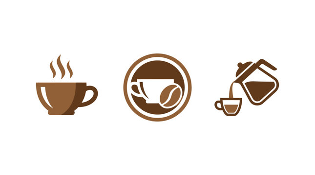 Coffee icons set: cup with steam, coffee bean emblem, and pouring coffee.