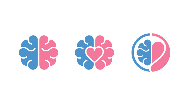 Brain and Heart Icons: Logic vs Emotion, Mind and Soul Connection