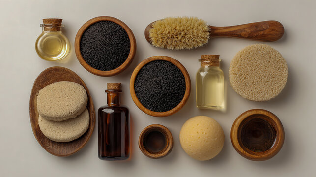 An aesthetic flat lay of natural ingredients for body care, including black cumin seeds in wooden bowls and glass bottles with a dark brown liquid inside, as well as round beige sponges .