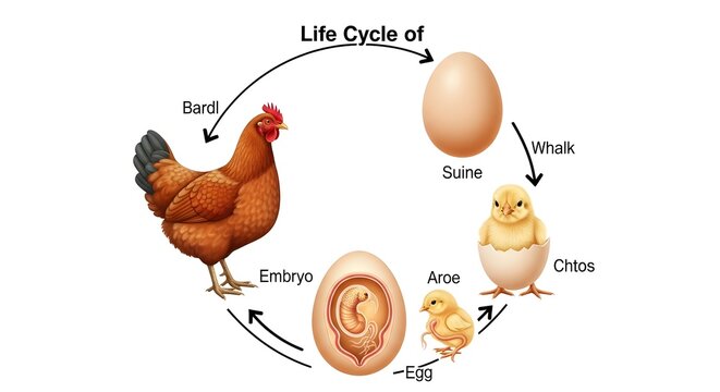 Life cycle of a chicken shown in a simple circular diagram, illustrating how an adult bird lays an egg, an embryo grows inside the shell and hatches into a chick that later matures into a new egg‑layi