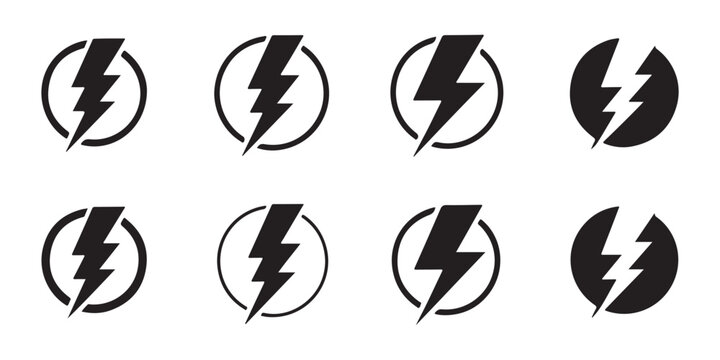Collection of eight diverse lightning bolt icons within circles representing energy power and speed simple graphic elements.