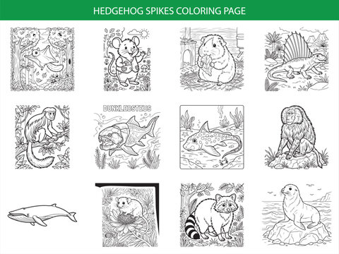 Hedgehog spikes coloring page featuring flying squirrel mouse guinea pig dimetrodon monkey dunkleosteus shark baboon whale and raccoon