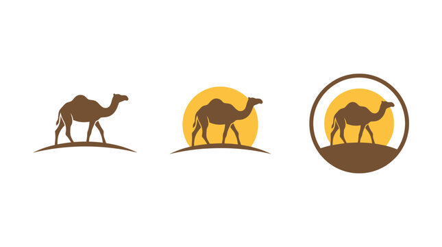 Camel Silhouette Logo Set: Desert Sun, Landscape, Circle Emblem