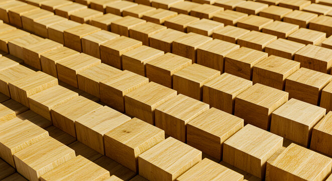 Seamless pattern of wooden blocks in a grid, showcasing natural textures and orderly arrangement for backgrounds and design concepts