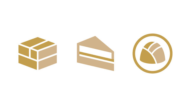 Golden Icons: Gift Box, Cake Slice, Dessert in Circle on White Background