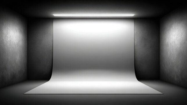 A blank matte white projection surface fully unrolled in a minimalist studio setting illuminated by a bright overhead light