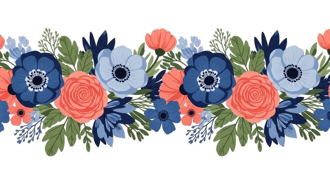 Seamless floral border with anemones roses and lush greenery