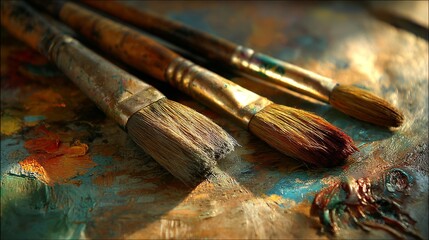 Obraz premium Set of used artist paintbrushes with vibrant bristles and worn wooden handles, showcasing creative tools on a colorful palette