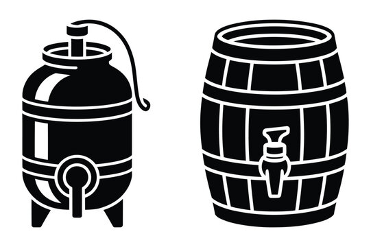 Fermentation tank and wooden barrel with tap icon set for wine or cider making