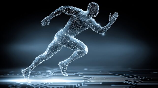 Dynamic Digital Human Figure in Motion, Representing Technology and Speed