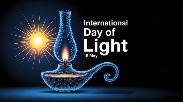International day of light on may 16th celebration with glowing lamp and shining star on dark background
