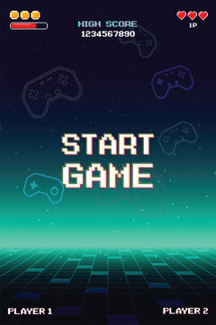 START GAME. Retro Futurism Sci-Fi Background. glowing neon grid and star from vintage arcade computer games