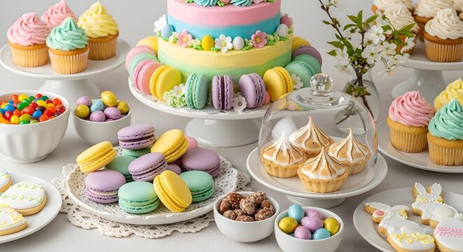 A vibrant and colorful dessert spread features a rainbow cake macarons cupcakes and various sweet treats high quality professional detailed