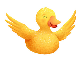 A watercolor illustration of a yellow duckling flapping its wings. This cheerful character is hand drawn and suitable for children's books, postcards, and packaging.