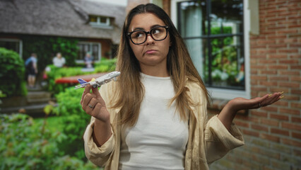 Woman holding toy airplane and shrugging with palm up at building entrance near house doorway  resigned doubt. © Krakenimages.com