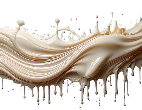 Onda dinamica di liquido cremoso bianco o beige che crea schizzi e gocciolamenti su sfondo isolato.