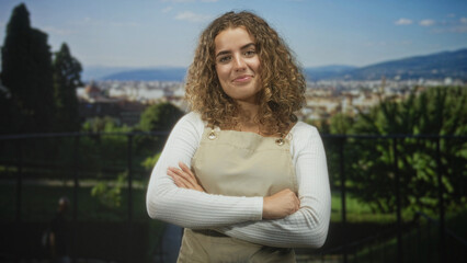Obraz premium Woman young curly hair wearing apron with crossed arms on a building balcony overlooking city skyline and garden rail; calm confidence.