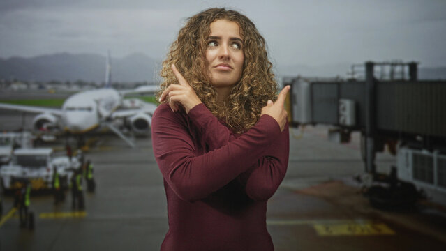 Woman points both index fingers to left and right, crossed arms, pointing toward airplane jetway at airport with a searching glance; uncertain hesitation.