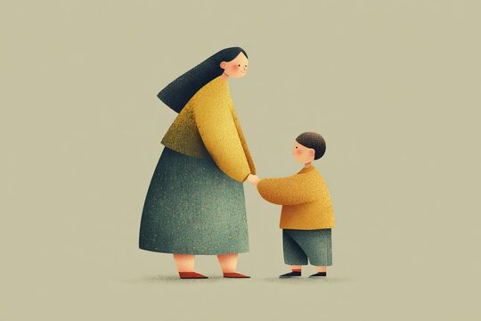 Modern textured illustration of a mother and child embracing with indoor plant.