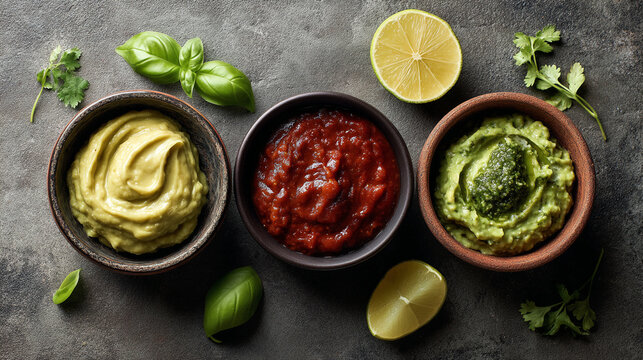 Three bowls of salsa guacamole and tomato sauce with herbs