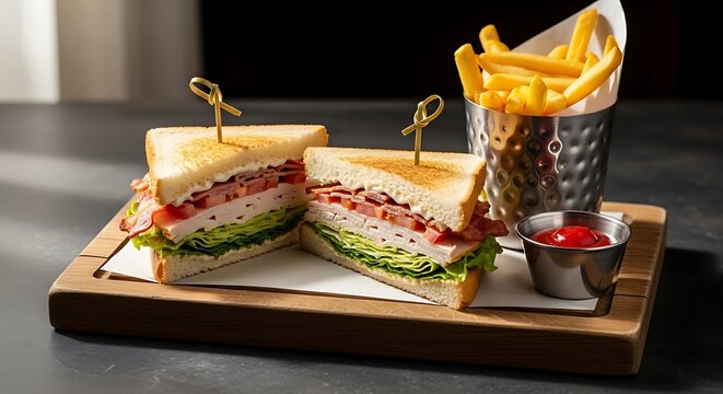Delicious Club Sandwich with Fries and Ketchup on Wooden Board.