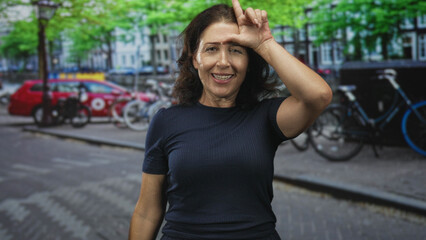 Fototapeta premium Woman makes l sign with hand to forehead and points finger toward camera on street with bikes and parked car; playful teasing.