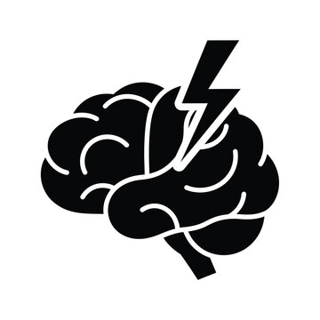 A stylized black silhouette depicts a human brain with a lightning bolt striking its surface high quality
