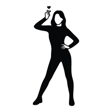 Minimalist vector silhouette of a female K-pop idol making a finger heart gesture, stylish girl group member posing, isolated on white background