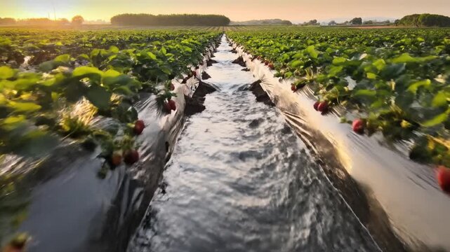 Water flows through rows of strawberry plants at sunset