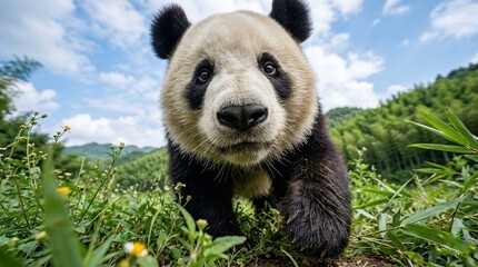 Close-Up of Giant Panda in Natural Habitat Looking at Camera © Narasimha