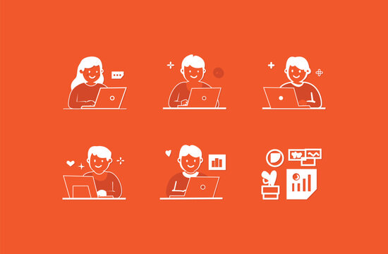 Creative business teamwork illustration showing group collaboration with laptop cloud technology data analysis and project workflow in modern minimal blue flat design style