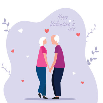 Senior couple hugging. Elderly woman and man embrace, support and take care each other. Cartoon flat vector illustration