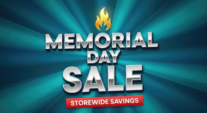 Memorial day sale advertisement with flame and text on teal background