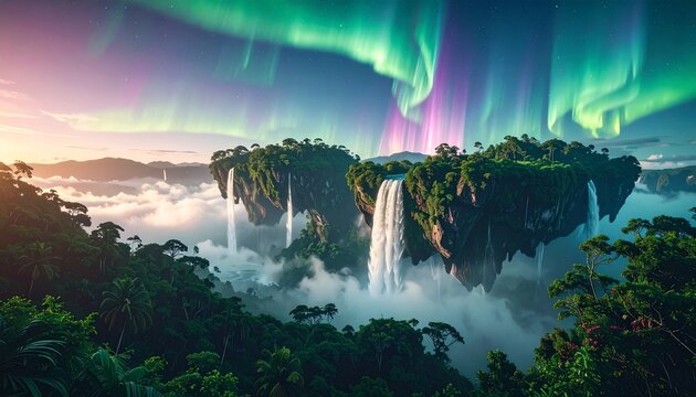 角 + 空に浮かぶ巨大な岩の島々 + 島から滝が流れ落ちている、緑豊かな森 + オーロラ、魔法の光 + 幻想的、冒険、シネマティック
