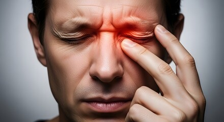 Fototapeta premium Cluster headache and orbital nerve pain. Mental health and physical exhaustion. Man squinting and rubbing his eye with red glowing inflammation area in deep distress