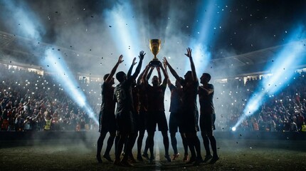 Fototapeta premium silhouette of team celebrating with trophy in stadium
