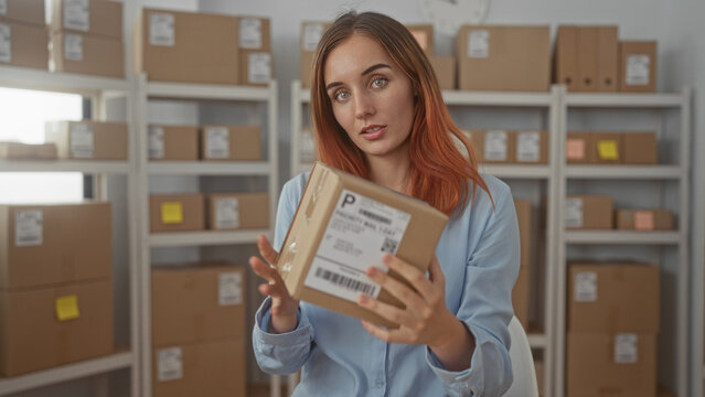 Woman holding package and presenting shipping label toward camera in building warehouse, wearing light blue shirt and surrounded by cardboard boxes and shelving; small business focused.