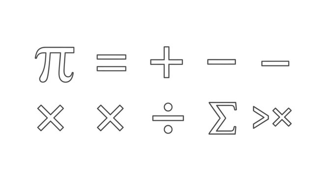 Set of common mathematical symbols including Pi, equals, plus, minus, multiply, divide, sigma, and comparison operators on isolated white background.