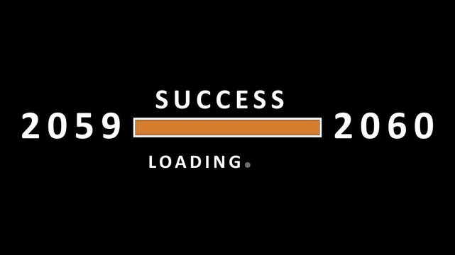 The year 2059 transitions to 2060 with a progress bar indicating success is loading, set against a stark black background, symbolizing anticipation and future achievement