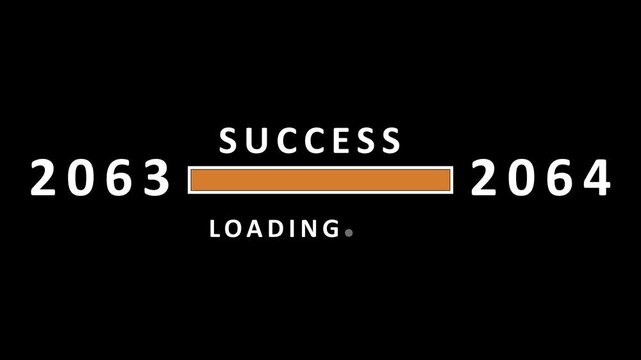 The year 2063 is transitioning to 2064, depicted by a loading bar that signifies success is on its way, against a black background, representing future anticipation and growth