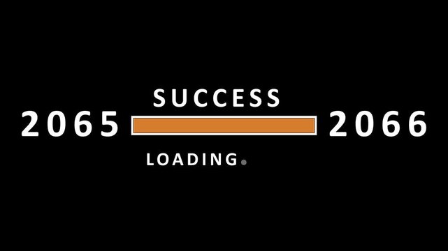Loading bar showing success in progress from the year 2065 to 2066 with white lettering and an orange bar on black