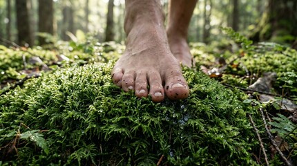 Fototapeta premium Bare feet stepping on fresh green moss in forest, natural grounding concept with wellness and sensory outdoor experience