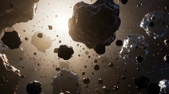 A dense asteroid field drifts through the vastness of space. Sunlight illuminates the rocky debris in a cosmic dance.