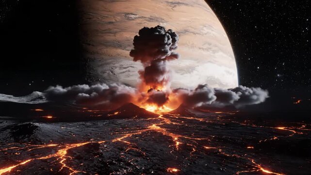 A volcanic eruption spews smoke and fire on a desolate alien planet. A massive gas giant looms in the starry sky.
