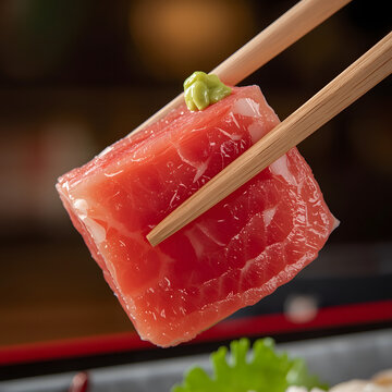 Macro photography of premium Chutoro medium fatty tuna sashimi being lifted by wooden chopsticks, glistening texture with wasabi