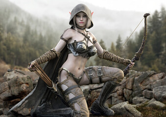 Fantasy female dark elf archer with bow and arrows in a forest setting. 3d rendering © Digital Storm