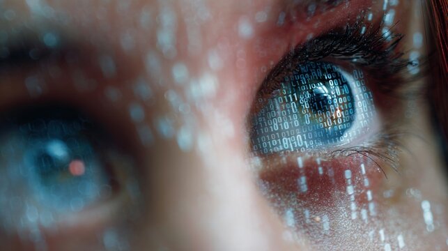 Human eye reflecting binary code in a digital world