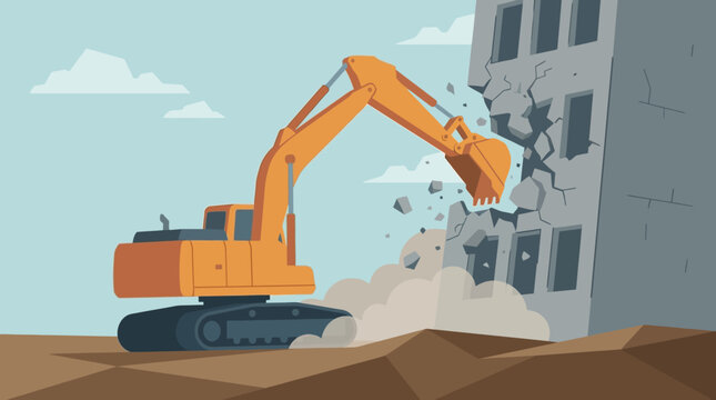 Orange Excavator Demolishing Old Building - Vector Illustration of Construction Site Work