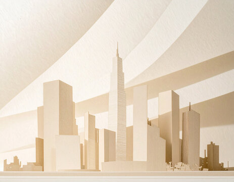 Minimalist white paper-like city model with skyscrapers and abstract waves