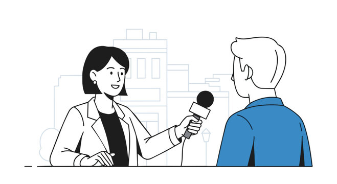 Female reporter interviewing man with microphone journalism concept flat 2D illustration
